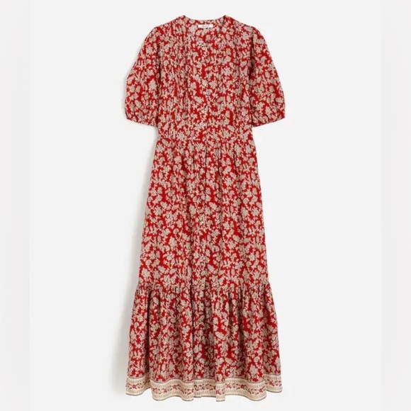 Madewell Pintucked Puff-Sleeve Midi Dress in Red Floral Fall Dress Size 00 NWT - Picture 2 of 15